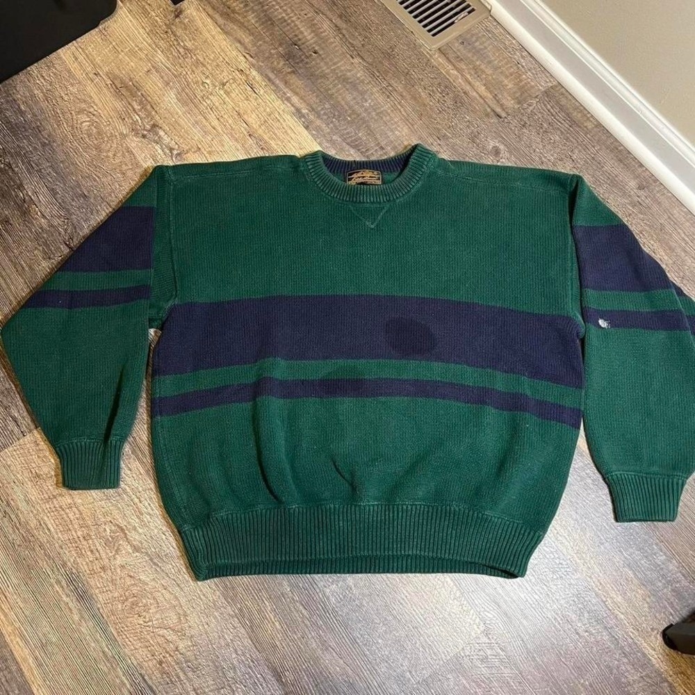 Vintage 1990s Eddie Bauer Green Navy Striped Cotton Sweater XL Mens Crewneck